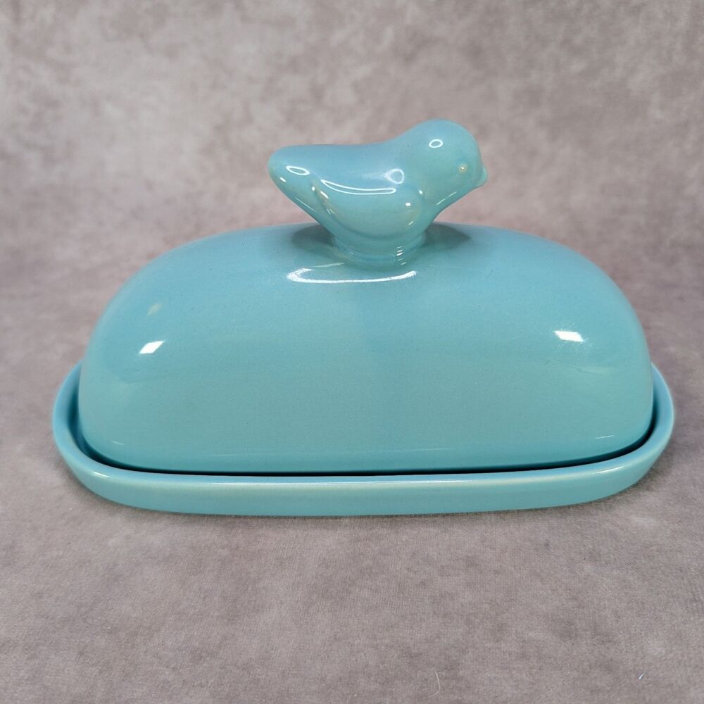 World Market Teal Blue Ceramic Butter Dish Covered Lid Bird Handle Clean